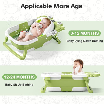 Collapsible Baby Bathtub for Newborns with Thermometer and Soft Floating Cushion Portable and Foldable Travel Baby Boy Bath Tub for Infants to Toddler 0-36 Month (Green)
