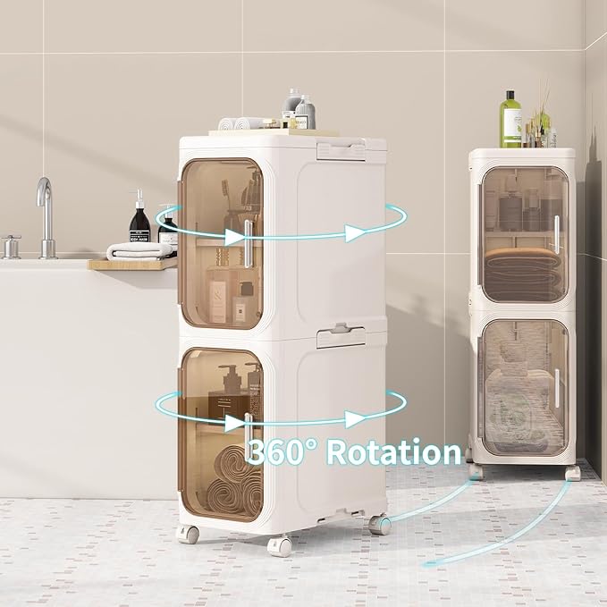 KHNR 2-Tiers Slim Bathroom Storage Cabinet, Foldable Storage Cabinets,Narrow Bathroom Storage,Movable Bathroom Storage Organizer for Small Spaces,Bathroom,Kitchen,Laundry,Cream White