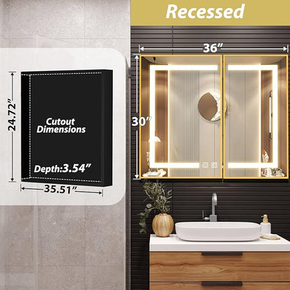 APRILSOUL 36X30 Inch Gold Bathroom Medicine Cabinet with Mirror, Recessed or Surface Lighted Medicine Cabinet with 3 Colors Temperature, Dimmable Light