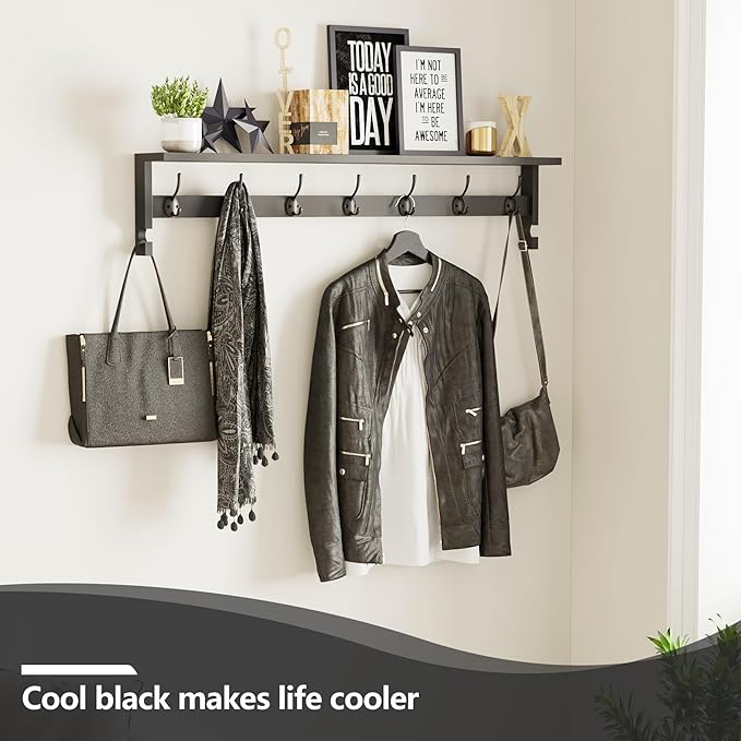 AMBIRD Coat Rack Wall Mount, Wood Coat Hooks with Shelf, Wall Key Holder with Shelf in Entryway, Kitchen, Living Room, Bathroom, Bedroom (Black)