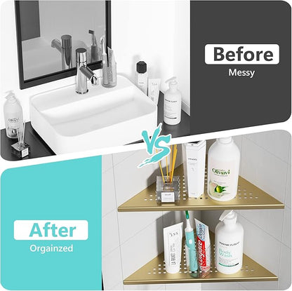 2 Pack Bathroom Corner Shelf, Recessed 12" Corner Shower Shelf, SUS304 Stainless Steel Triangular Wall Mount, No Drilling, Brushed Golden