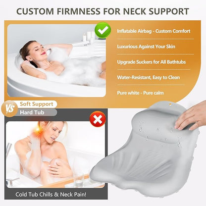 Inflatable Bath Pillows for Tub - Adjustable Firmness Silicone Bathtub Pillow for Neck-Relaxing & Epsom Salt Soaking, Bath Pillow for Head & Back Support Cushion, Spa Gifts for Women, Parent (Gray)