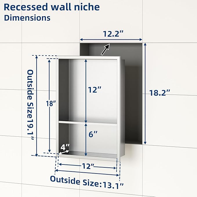 Neodrain 12X18 Inch Brushed Shower Niche, Double Shelf Stainless Steel No Tile Needed Bathroom Cabinet, Two Layer Recessed Built-in Wall Niche Waterproof