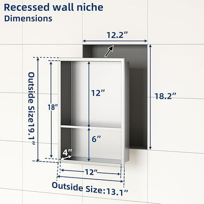 Neodrain 12X18 Inch Brushed Shower Niche, Double Shelf Stainless Steel No Tile Needed Bathroom Cabinet, Two Layer Recessed Built-in Wall Niche Waterproof