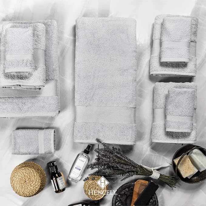 Hencely 18-Piece Bath Towel Set - High Absorbency, Quick Drying - 100% Soft Turkish Cotton - 6 Bath Towels, 6 Hand Towels, 6 Washcloths - Bathroom, Home, Hotel, Spa, and Gym - 18-Pack Silver