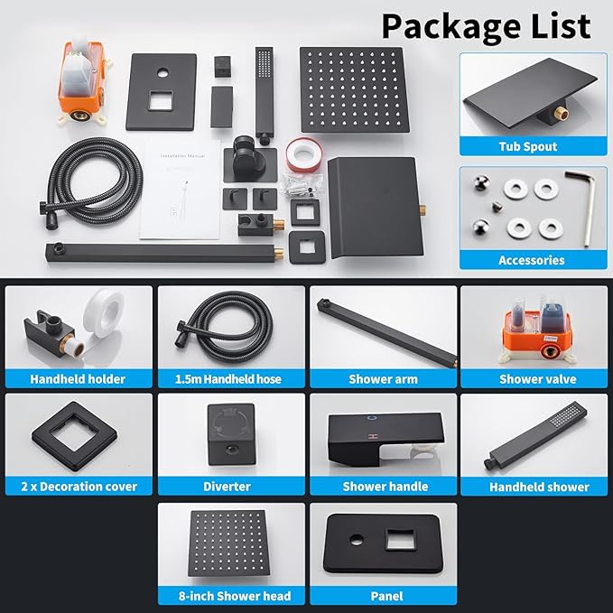 12 inch Matte Black Shower System with Tub Spout, Shower Faucet Set with Rain Shower Head and Handheld 3-Setting, Waterfall Bathtub Spout Rainfall Shower Combo Set for Bathroom Wall Mounted
