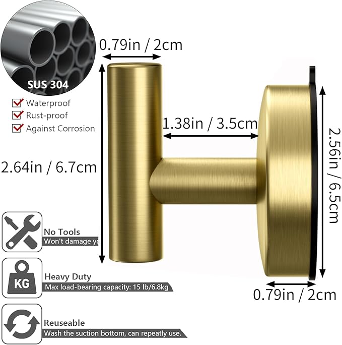 DGYB Large Suction Hooks for Bathrooms - Gold Towel Hooks Stainless Steel - 15 Lb Capacity - Removable, Heavy Duty