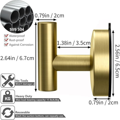 DGYB Large Suction Hooks for Bathrooms - Gold Towel Hooks Stainless Steel - 15 Lb Capacity - Removable, Heavy Duty