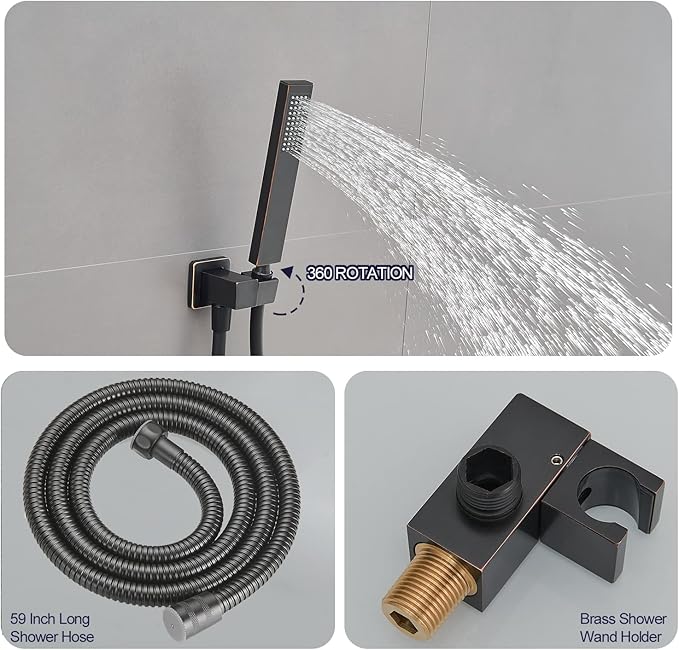 Oil Rubbed Bronze rain Shower Faucet Set Shower System 8 Inches Square Shower Head with Handheld, Waterfall Showerhead, All Metal Shower Faucet Trim Repair Kits (Contain Shower Valve)
