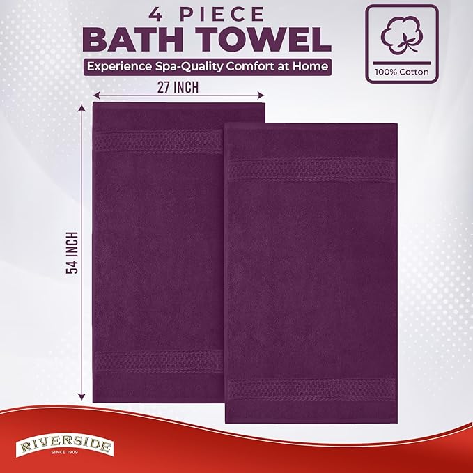 RIVERSIDE 100% Ring Spun Cotton Large Bath Towels Set of 4, 27 x 54 Inches – Quick Dry, Soft & Highly Absorbent Towels for Shower & Bathroom – Luxury 600 GSM Towels for Home, Spa, Gym, Hotel, Purple