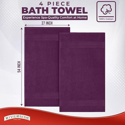 RIVERSIDE 100% Ring Spun Cotton Large Bath Towels Set of 4, 27 x 54 Inches – Quick Dry, Soft & Highly Absorbent Towels for Shower & Bathroom – Luxury 600 GSM Towels for Home, Spa, Gym, Hotel, Purple