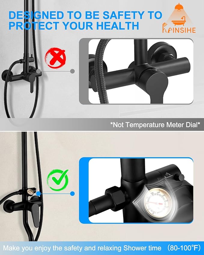 Outdoor Shower Kit, Exposed Shower System with Dial Thermometer Brass Valve, 10'' Rainfall Shower Head and Handheld Shower Faucet Combo for Bath Backyard - Black Wall Mounted