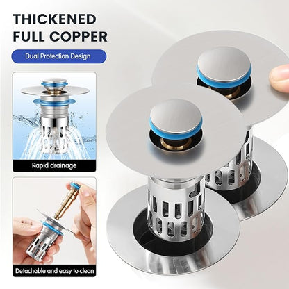 Universal Bathroom Sink Stopper, Pop Up Sink Drain Strainer Plug with Removable Stainless Steel Filter Basket Hair Catcher,Brass Body,Bathroom Bathtub Drain Stopper(2 PCS),Brushed Silver