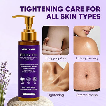 Vitae Charm Body Oil, Luxury Body Oil for Crepe Skin, Firming Tightening & Hydrating Body Serum with Vitamin E and Sweet Almond Oil, Smooths Skin for Women