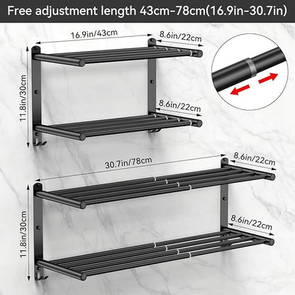 Black Adjustable Towel Bar for Bathroom Wall Mount17-30.7inch Adhesive Shower Towel Rack Stainless Steel Bath Towel Holders for Toilet Kitchen Double Towel Hanger (Black Double Towel Rack)