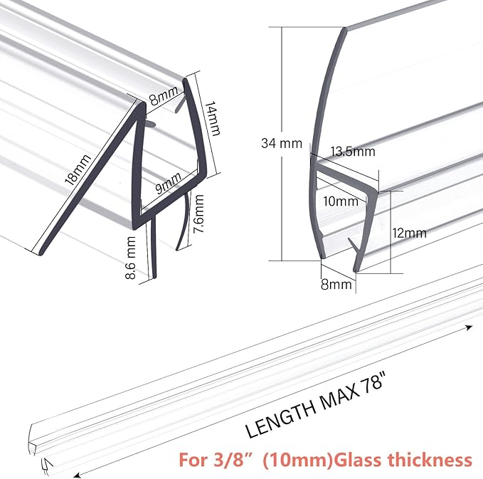 Shower Door Bottom&Side Seal Set 3PCS, 78" (1981mm) Length H-Type PVC Strip for 3/8" (10mm) Thick Frameless Glass Door, to Stop Water Leaks