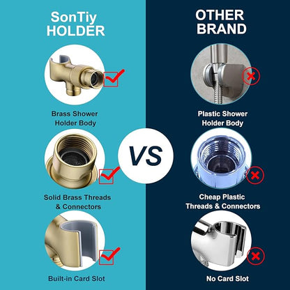 Shower Head Holder All Metal Adjustable Handheld Shower Arm Mount, 1/2" Shower Hose Holder Fits Most Hand Showerheads, Brass Hand Held Shower Head Holder , Easy to Install(Brushed Gold)