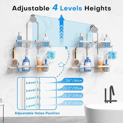 Aluminum Alloy Hanging Shower Caddy for Handheld Shower Heads,Rustproof Hose Shower Organizer 4 Levels Height Adjustable Shower Rack with Hooks,Razor Holder,Soap Holder
