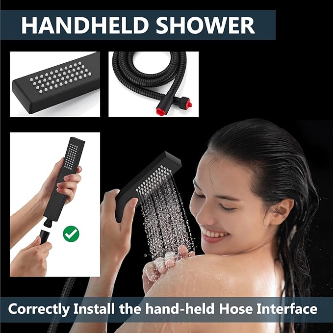 Aolemi Shower Faucet Set Rain Shower System with Handheld Spray Bathroom Shower Combo Rough-in Valve and Shower Trim Kit Included Matte Black 16 Inch Wall Mount Shower Head
