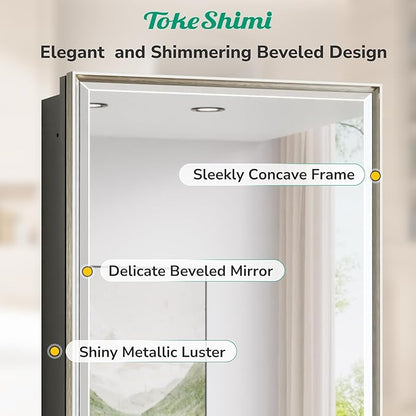 TokeShimi 12x36 Recessed Medicine Cabinet with Mirror Surface Mount, Bathroom Beveled Mirror with Storage Adjustable, Aluminum Framed Metal Brushed Nickel Medicine Cabinet Mirrored