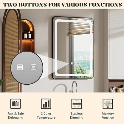 LED Bathroom Mirrors with Lights,24" x 36" Black Square LED Mirror for Bathroom,Fogless,3 Colors Dimmable, Touch Sensor