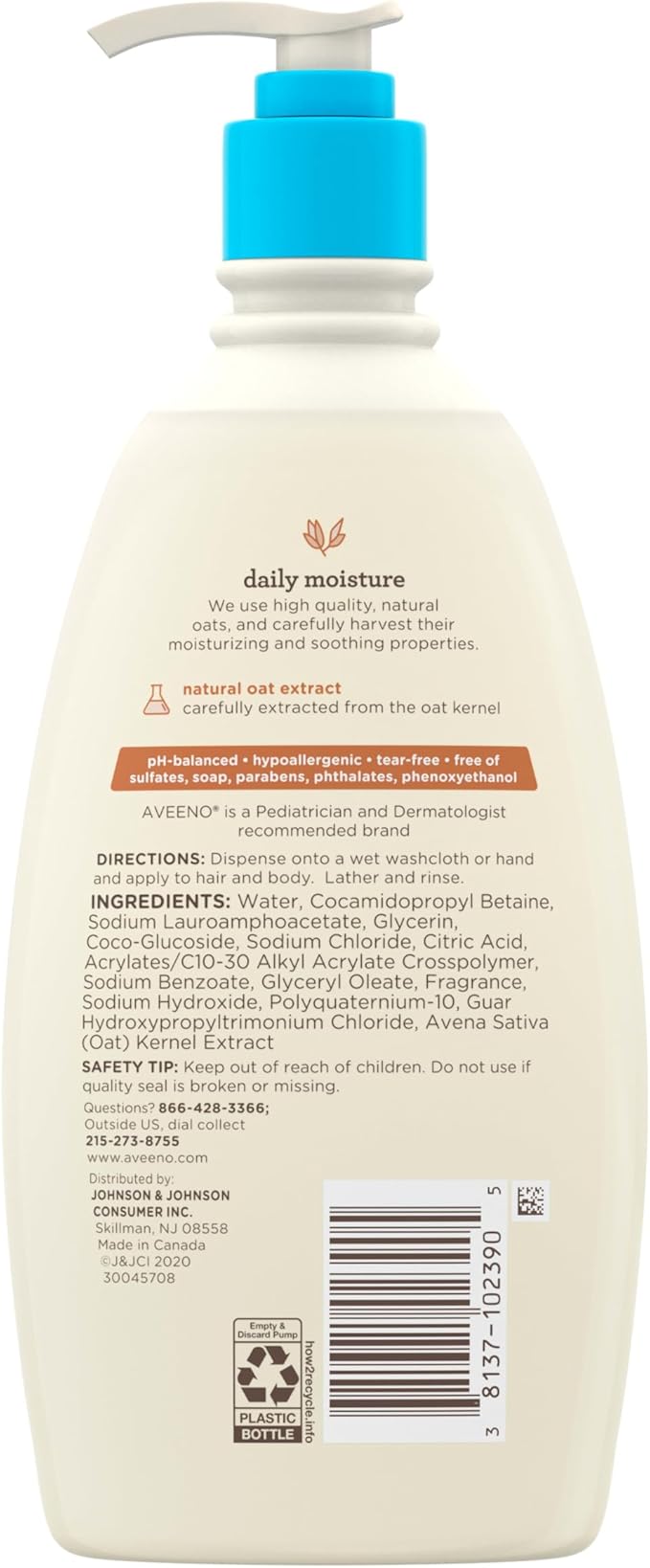 Aveeno Baby Daily Moisture Gentle Body Wash & Shampoo with Oat Extract, 2-in-1 Baby Bath Wash & Hair Shampoo, Tear- & Paraben-Free for Hair & Sensitive Skin, Lightly Scented, 18 fl. oz