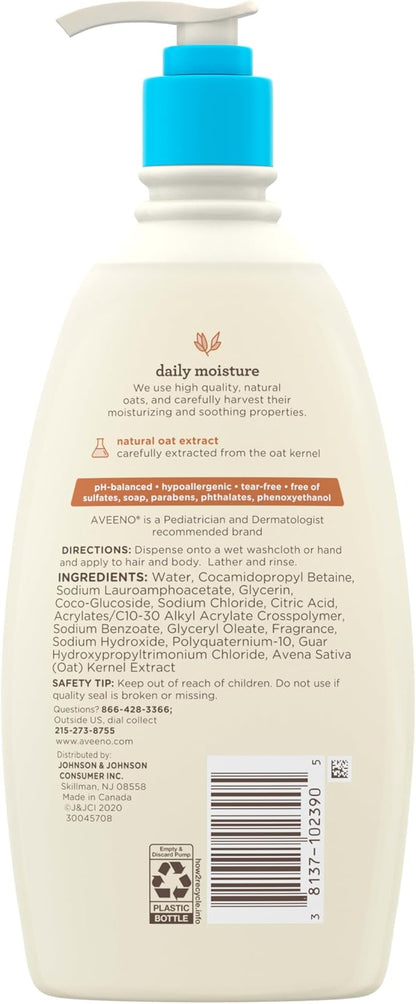 Aveeno Baby Daily Moisture Gentle Body Wash & Shampoo with Oat Extract, 2-in-1 Baby Bath Wash & Hair Shampoo, Tear- & Paraben-Free for Hair & Sensitive Skin, Lightly Scented, 18 fl. oz