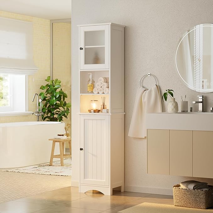 Gizoon 67.1" Tall Bathroom Storage Cabinet with Adjustable Shelves, Narrow Tall Linen Tower with Open Shelves, Two-Way Doors Freestanding Cabinet with Anti-Tip, for Home, Kitchen, Living Room, White