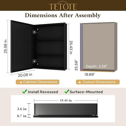 TETOTE 20 x 26 Bathroom Vanity Mirror Cabinet with Tempered Beveled Mirror Black Medicine Cabinet Aluminum Cabinet DTC Hinges, Stepless Adjustable Shelves, Recessed/Surface-Mounted