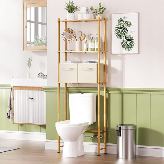 AmazerBath Over The Toilet Storage Bamboo, 3-Tier Over Toilet Organizer Rack with 2 Fabric Storage Bins, Freestanding Toilet Shelf for Bathroom Laundry Space Saver, Natural Color