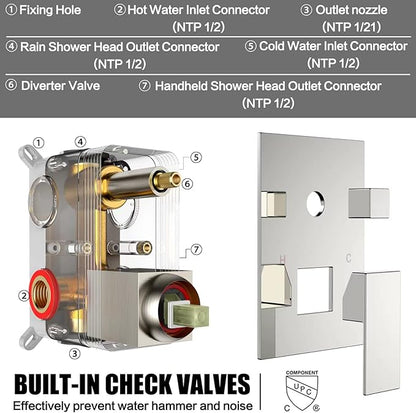 Shower System Wall Mounted 10 inch for Bathroom,Rain Shower Combo Set with Handheld Spray,Luxury Rainfall Shower Head Rough-in Valve and Trim Included(Chrome Polished)