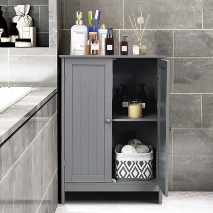 Tangkula Freestanding Storage Cabinet with Double Doors and Shelf, Modern Home Furniture, Wooden Organizer for Living Room and Bathroom, Grey