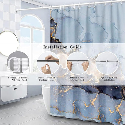 Domoku Blue Marble Shower Curtain 72x72 – Blue and Gold Waterproof Fabric Shower Curtain with Hooks, Abstract Art Bathroom Decor, Machine Washable Curtain for Apartment, Guest Bath