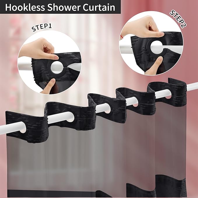 Hookless Shower Curtain with Snap in Liner 71" x 86" Double-Layer Waterproof Polyester Shower Curtain for Bathroom or Hotel Use,Removable Liner,Magnetic Hem,Large Rings,Machine Washable,Black