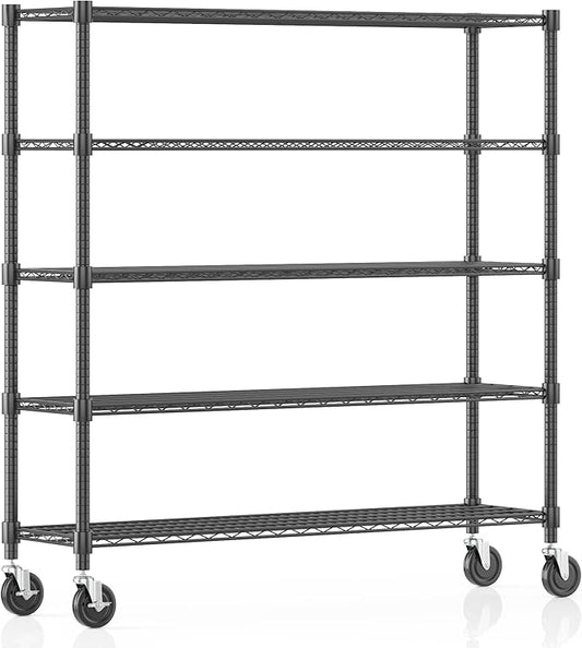 Homdox Heavy Duty Metal Shelves for Storage, 5 Tier Storage Racks and Shelving, Commercial Adjustable Wire Shelving Unit on Wheels, Garage Rack Pantry Shelves Kitchen Shelving, 18"x60"x82", Black