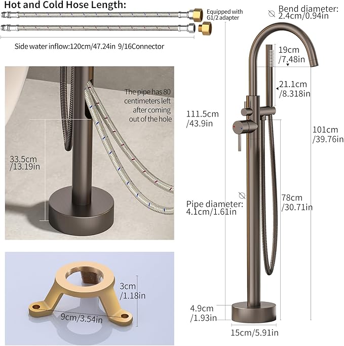 Freestanding Bathtub FaucetFloor Mount Bathtub Filler Shower Mixer Faucet with Handheld Shower Sprayer Swivel, Side Inlet，Grey