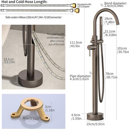 Freestanding Bathtub FaucetFloor Mount Bathtub Filler Shower Mixer Faucet with Handheld Shower Sprayer Swivel, Side Inlet，Grey