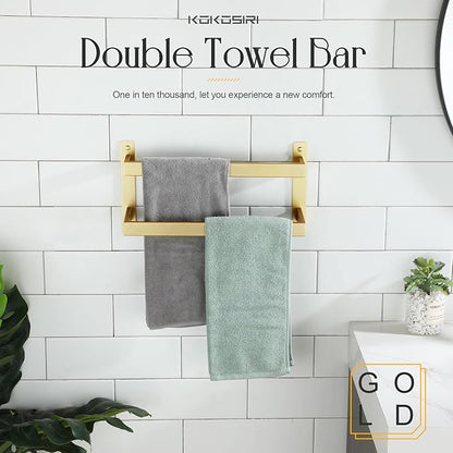 KOKOSIRI 16'' Towel Bars Bathroom 2-Tiers Ladder Brushed Gold Towel Rails Towel Holders Wall Mounted Towels Shelves Rack Stainless Steel, B5008BG-L16
