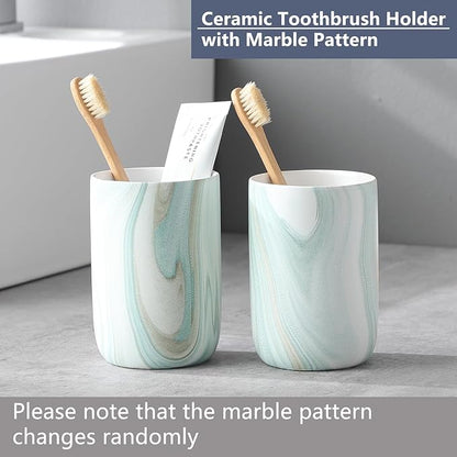 Green Marble Toothbrush Holders - Ceramic Toothbrush Holders for Bathrooms, Toothbrush Toothpaste Holders, Marble Bathroom Tumbler Cups Reusable Toothbrush Mouthwash Cup, Bathroom Counter Organizer