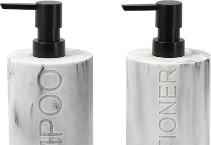 Marble Resin 2 Piece Shampoo and Conditioner Dispenser Set, Luxurious Refillable Pump Bottles with Matte Pump Top and Embossed Text, Durable Design for Bathroom and Shower