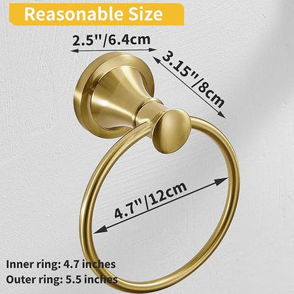 BESy Brushed Gold Bathroom Hand Towel Ring Towel Holder, Rustproof Wall Mounted Bathroom Hardware Accessory SUS 304 Stainless Steel Towel Rack