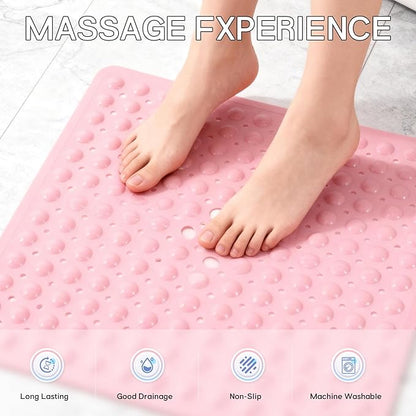Anti-Slip Bathtub Shower mat, 20.8×20.8（Approximately 53×53cm） inch Soft Oversized Machine Washable Non-Slip Bathtub mat with Drainage Holes, Bathroom Floor Suction Cup.（1-Opaque Pink）