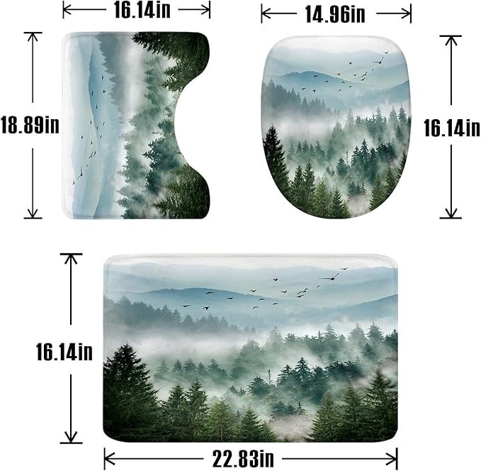 Riyidecor 4PCs Shower Curtain Sets Green Bathroom Curtain with Non-Slip Rugs Mountain Scenic Toilet Lid Cover and Bath Mat Tree Nature Woodland Waterproof 12 Hooks 72x72 inch Mens Bathroom Decor