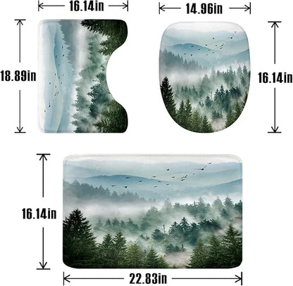 Riyidecor 4PCs Shower Curtain Sets Green Bathroom Curtain with Non-Slip Rugs Mountain Scenic Toilet Lid Cover and Bath Mat Tree Nature Woodland Waterproof 12 Hooks 72x72 inch Mens Bathroom Decor