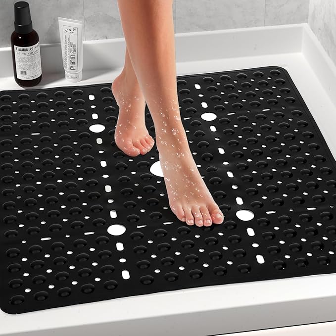 Large Black Square Shower Mat Non Slip 27 x 27 Inch, Shower Bath Mats Tub Mat for Inside Shower Bathroom Floor, Shower Stall Mats with Big Suction Cups Drain Holes, Easy Washable, BPA-Free