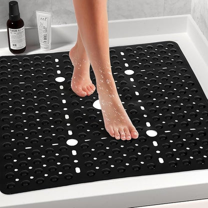 Large Black Square Shower Mat Non Slip 27 x 27 Inch, Shower Bath Mats Tub Mat for Inside Shower Bathroom Floor, Shower Stall Mats with Big Suction Cups Drain Holes, Easy Washable, BPA-Free