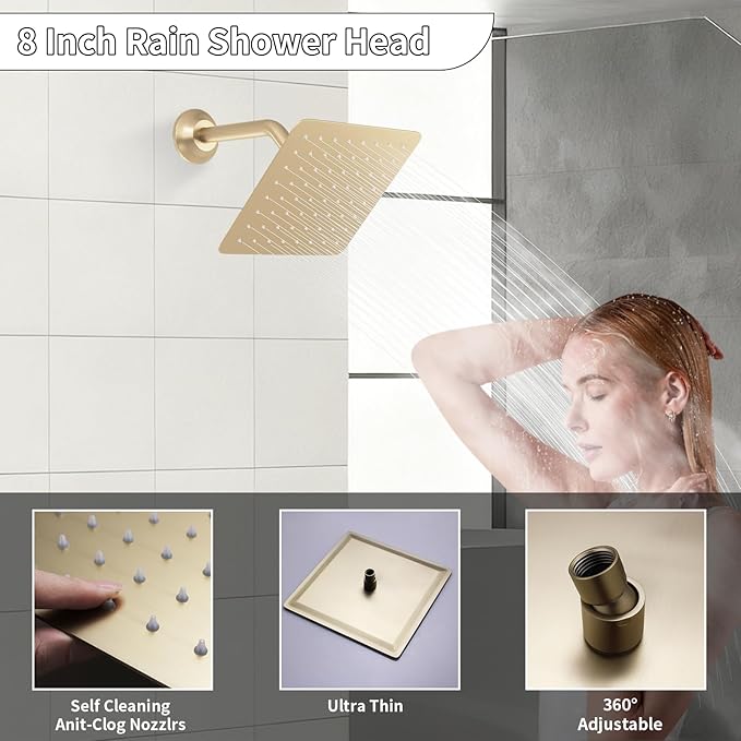 Bathroom Rainfall Shower System Wall Mount 8 Inch Shower Head With Handled Spray 6 Pcs jets Temperature Display Shower Faucet Set (Brushed Gold)