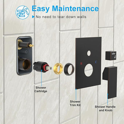 EMBATHER Oil Rubbed Bronze Shower System-12 Inches Shower Faucet Set with Square Rain Shower Head and Handheld High Pressure Shower Combo Set for Bathroom Wall Mounted (Contain Rough-in Valve & Trim)