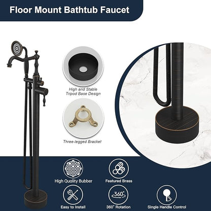 Oil Rubbed Bronze Standing Bathtub Faucet Freestanding Tub Filler High Pressure Single Handle Bathtub Filler Floor Mounted Brass Bathroom Stand Tub Faucets with Handheld Shower