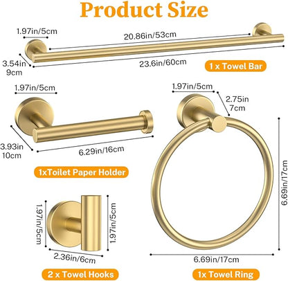 Brushed Gold Towel Bar Set 10 Pieces Round Bathroom Hardware Set Includes 23.6in Towel Bar Towel Ring Toilet Paper Holder Towel Hooks Stainless Steel Wall-Mounted Bathroom Towel Holder Set